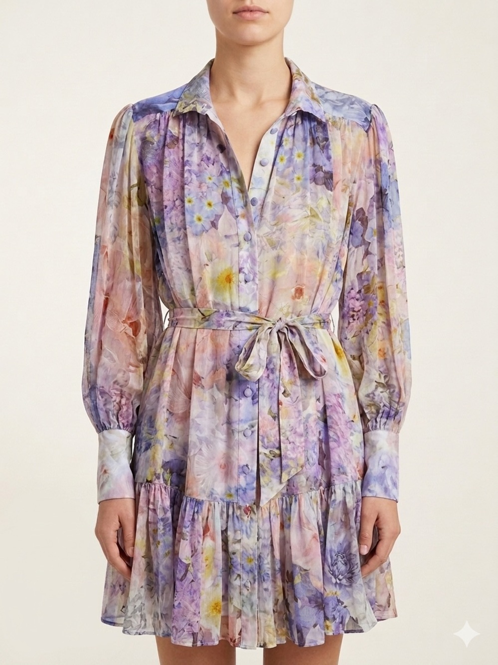Zimmermann Lavender Multi Floral Tie-Waist Long Sleeve Dress